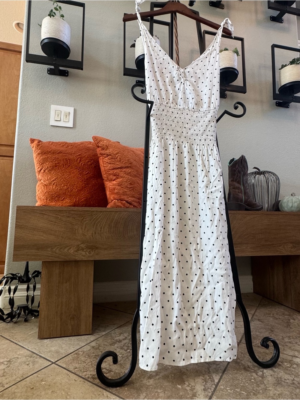 White Polka Dot Smocked Midi Dress with adjustable tie straps-Never Worn